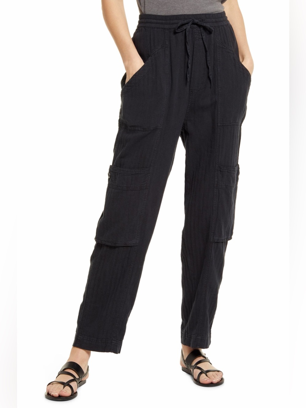 Free People Feelin Good Linen Cotton Utility Cargo Pants Black L Drawstring